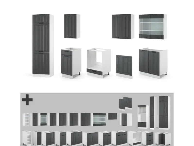 Vicco Fame-Line Küchenzeile Anthrazit Landhaus/Weiß 300 cm ohne Arbeitsplatte ohne E-Geräte< Einbauküchen