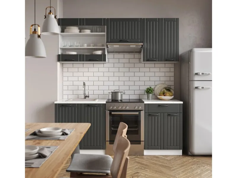 Vicco Fame-Line Küchenzeile Anthrazit Landhaus/Weiß 200 cm AP Anthrazit ohne E-Geräte< Einbauküchen