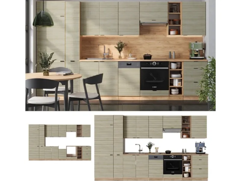 Clearance Vicco Fame-Line Küchenzeile Eiche Paneel/Goldkraft Eiche 355 cm ohne Arbeitsplatte ohne E-Geräte Berghütten Eiche
