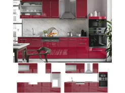New Vicco Fame-Line Küchenzeile Bordeaux Hochglanz/Weiß 300 cm mit Hochschrankohne Arbeitsplatte ohne E-Geräte Brilliant Bordeaux