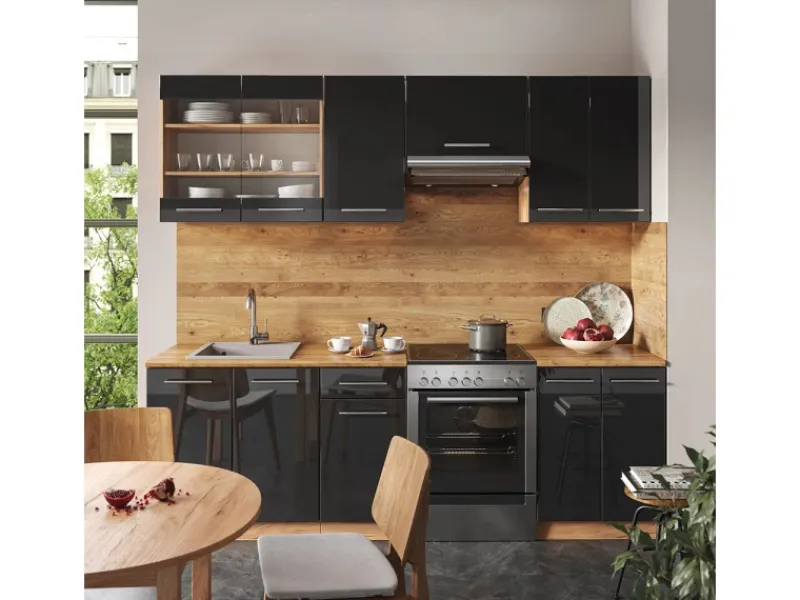 Clearance Vicco Fame-Line Küchenzeile /Goldkraft Eiche 240 cm AP Marmor ohne E-Geräte Anthrazit Hochglanz