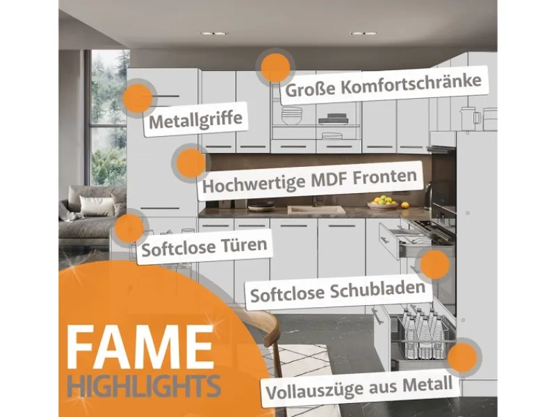 Clearance Vicco Fame-Line Küchenzeile /Goldkraft Eiche 240 cm AP Marmor ohne E-Geräte Anthrazit Hochglanz