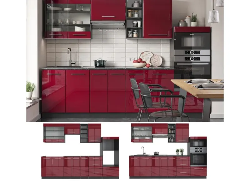 Vicco Fame-Line Küchenzeile Bordeaux Hochglanz/Anthrazit 280 cm ohne Arbeitsplatte ohne E-Geräte< Küchenrückwände|Einbauküchen