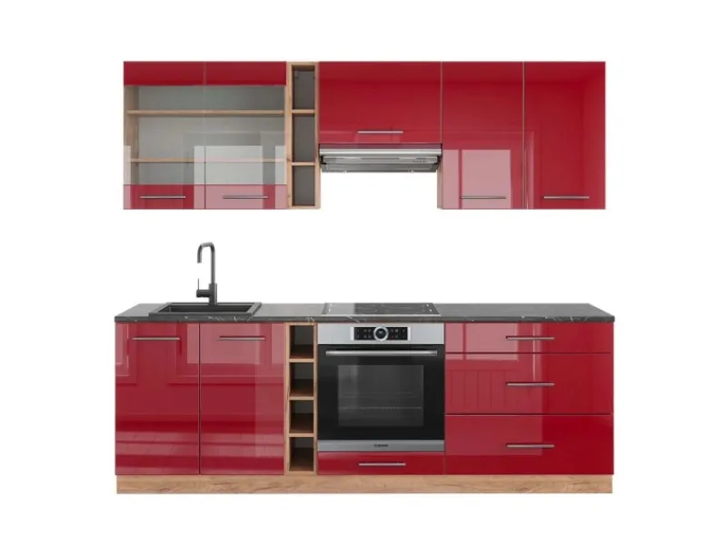 Vicco Fame-Line Küchenzeile Bordeaux Hochglanz/Goldkraft Eiche 235 cm AP Anthrazit ohne E-Geräte< Einbauküchen