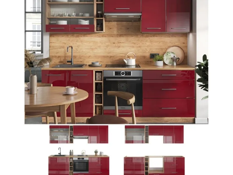 Vicco Fame-Line Küchenzeile Bordeaux Hochglanz/Goldkraft Eiche 235 cm AP Anthrazit ohne E-Geräte< Einbauküchen