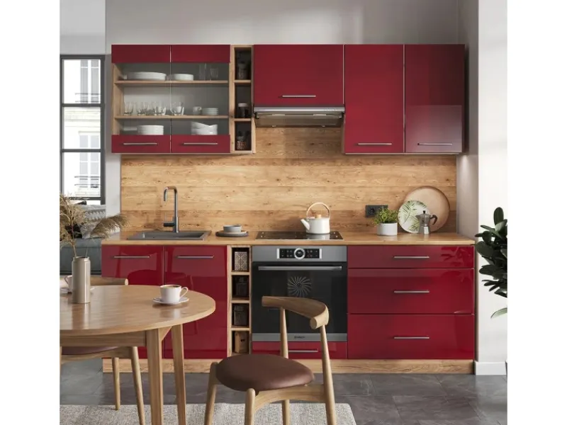Vicco Fame-Line Küchenzeile Bordeaux Hochglanz/Goldkraft Eiche 235 cm AP Anthrazit ohne E-Geräte< Einbauküchen
