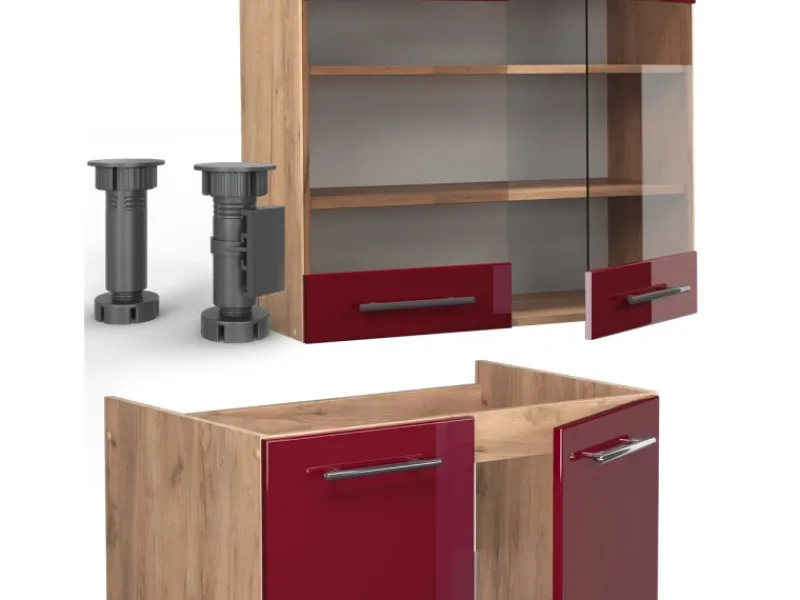 Vicco Fame-Line Küchenzeile Bordeaux Hochglanz/Goldkraft Eiche 235 cm AP Anthrazit ohne E-Geräte< Einbauküchen