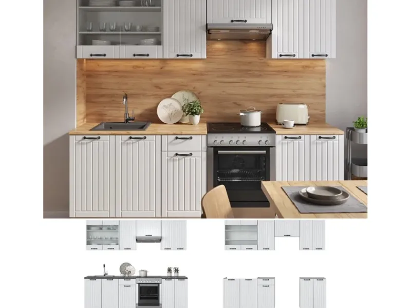 Einbauküchen<Vicco Fame-Line Küchenzeile Weiß Landhaus/Weiß 240 cm AP Anthrazit ohne E-Geräte