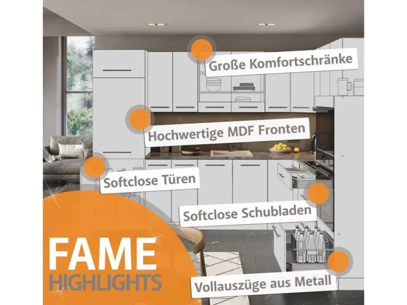 Einbauküchen<Vicco Fame-Line Küchenzeile Weiß Landhaus/Weiß 300 cm ohne Arbeitsplatte ohne E-Geräte