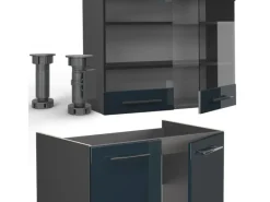 Outlet Vicco Fame-Line Küchenzeile Hochglanz/Anthrazit 240 cm AP Eiche ohne E-Geräte Dunkelblau
