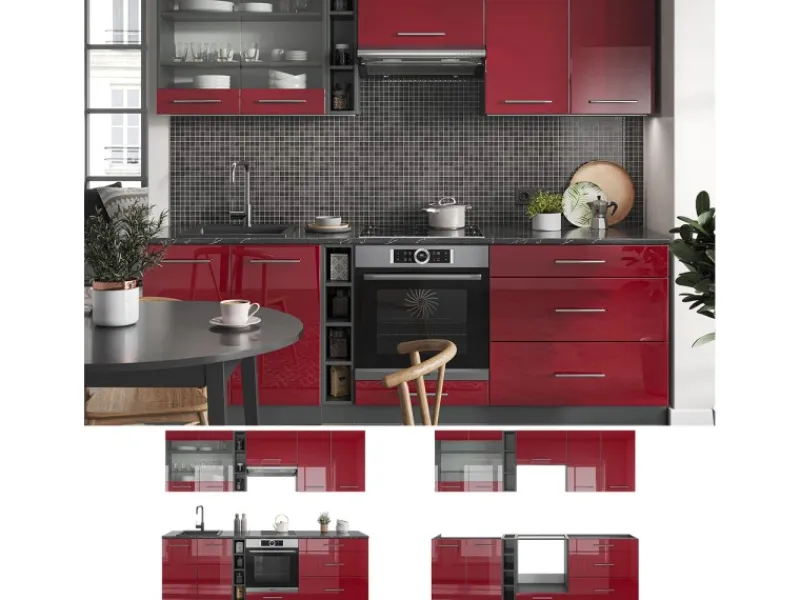 Vicco Fame-Line Küchenzeile Bordeaux Hochglanz/Anthrazit 235 cm AP Anthrazit ohne E-Geräte Brilliant Bordeaux