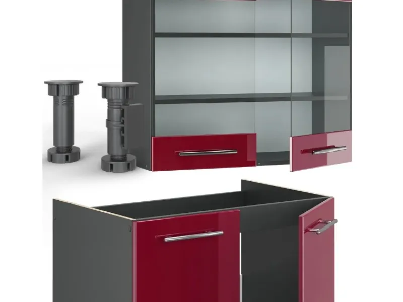 Vicco Fame-Line Küchenzeile Bordeaux Hochglanz/Anthrazit 200 cm AP Marmor ohne E-Geräte< Einbauküchen