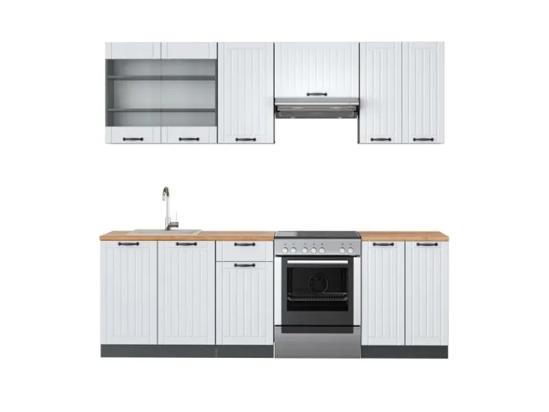 Vicco Fame-Line Küchenzeile Weiß Landhaus/Anthrazit 240 cm AP Eiche ohne E-Geräte< Kühlschränke