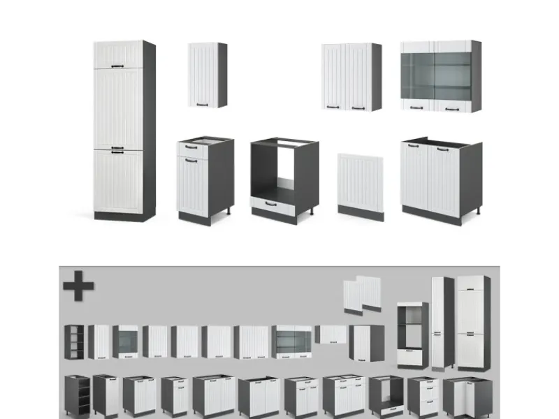 Vicco Fame-Line Küchenzeile Weiß Landhaus/Anthrazit 300 cm ohne Arbeitsplatte ohne E-Geräte< Einbauküchen