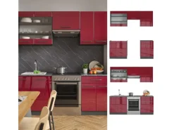 Best Vicco Fame-Line Küchenzeile Bordeaux Hochglanz/Anthrazit 200 cm ohne Arbeitsplatte ohne E-Geräte Brilliant Bordeaux