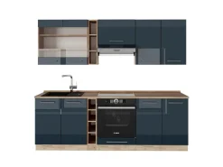 Vicco Fame-Line Küchenzeile Hochglanz/Goldkraft Eiche 235 cm ohne Arbeitsplatte ohne E-Geräte Dunkelblau