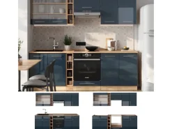 Vicco Fame-Line Küchenzeile Hochglanz/Goldkraft Eiche 235 cm ohne Arbeitsplatte ohne E-Geräte Dunkelblau