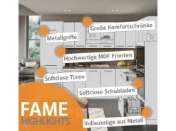 Vicco Fame-Line Küchenzeile Hochglanz/Goldkraft Eiche 235 cm ohne Arbeitsplatte ohne E-Geräte Dunkelblau