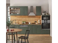 Best Vicco Fame-Line Küchenzeile -Gold Landhaus/Goldkraft Eiche 300 cm mit HochschrankAP Marmor ohne E-Geräte Grün