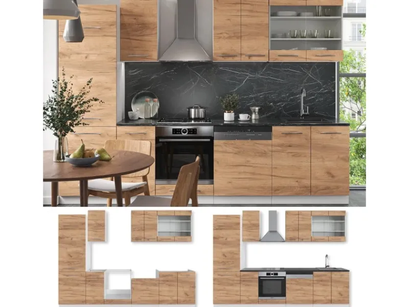 Best Vicco Fame-Line Küchenzeile Goldkraft /Weiß 300 cm ohne Arbeitsplatte ohne E-Geräte Eiche