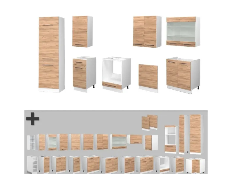 Best Vicco Fame-Line Küchenzeile Goldkraft /Weiß 300 cm ohne Arbeitsplatte ohne E-Geräte Eiche