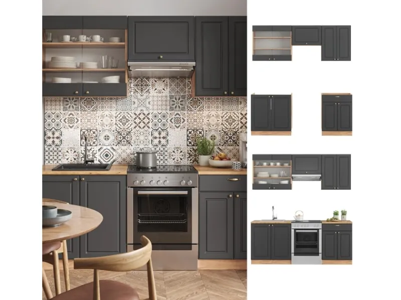 Discount Vicco Fame-Line Küchenzeile Anthrazit Landhaus/Goldkraft Eiche 200 cm AP Anthrazit ohne E-Geräte Anthrazit Struktur