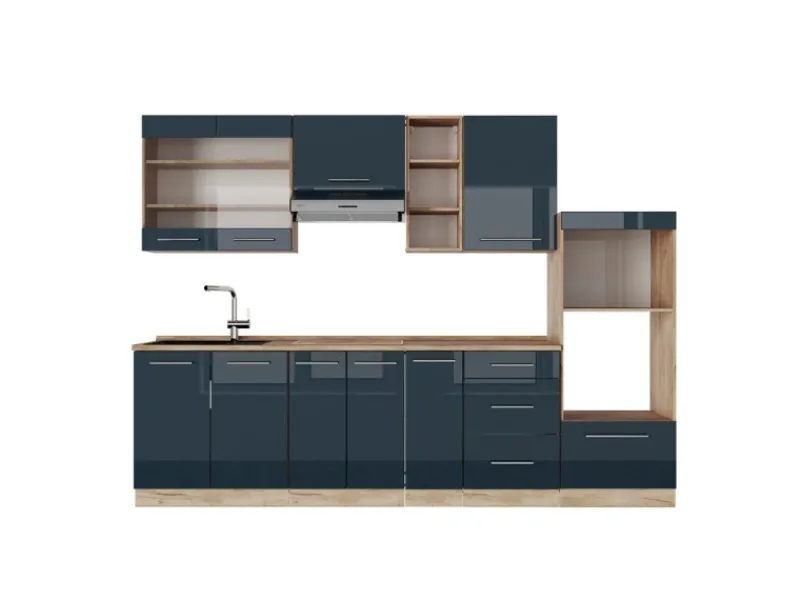 Herde|Kochfelder<Vicco Fame-Line Küchenzeile Hochglanz/Goldkraft Eiche 280 cm ohne Arbeitsplatte ohne E-Geräte
