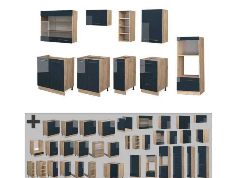 Herde|Kochfelder<Vicco Fame-Line Küchenzeile Hochglanz/Goldkraft Eiche 280 cm ohne Arbeitsplatte ohne E-Geräte