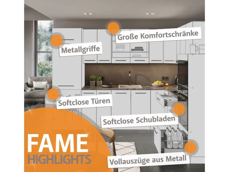 Sale Vicco Fame-Line Küchenzeile Goldkraft Eiche/Anthrazit 300 cm mit HochschrankAP Anthrazit ohne E-Geräte Anthrazit-Eiche
