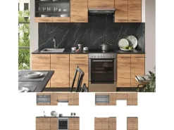 Vicco Fame-Line Küchenzeile Goldkraft Eiche/Anthrazit 240 cm AP Marmor ohne E-Geräte< Einbauküchen