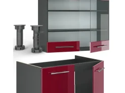 Outlet Vicco Fame-Line Küchenzeile Bordeaux Hochglanz/Anthrazit 235 cm AP Marmor ohne E-Geräte Brilliant Bordeaux