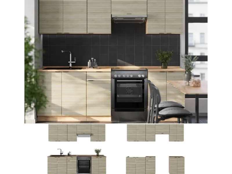 Vicco Fame-Line Komplettküche Eiche Paneel/Goldkraft Eiche 240 cm AP Marmor ohne E-Geräte< Einbauküchen