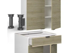 Single-Küchen<Vicco Fame-Line Singleküche Eiche Paneel/Weiß 140 cm AP Marmor ohne E-Geräte