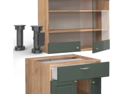 Single-Küchen|Einbauküchen<Vicco Fame-Line Singleküche -Gold Landhaus/Goldkraft Eiche 140 cm AP Marmor ohne E-Geräte