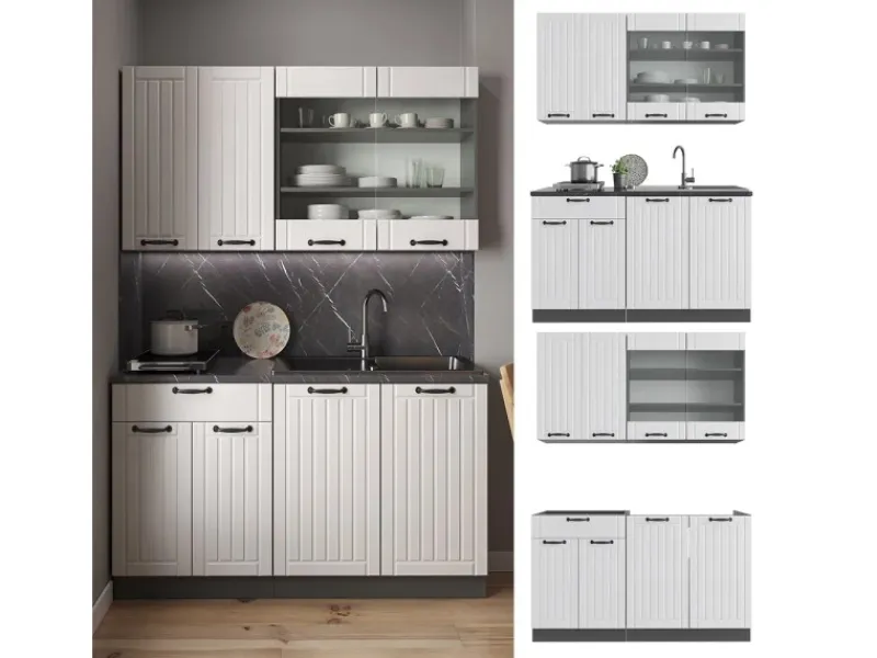 Vicco Fame-Line Singleküche Weiß Landhaus/Anthrazit 140 cm AP Anthrazit ohne E-Geräte< Single-Küchen