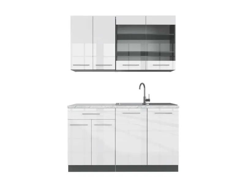 Outlet Vicco Fame-Line Singleküche /Anthrazit 140 cm AP Marmor ohne E-Geräte Weiß Hochglanz