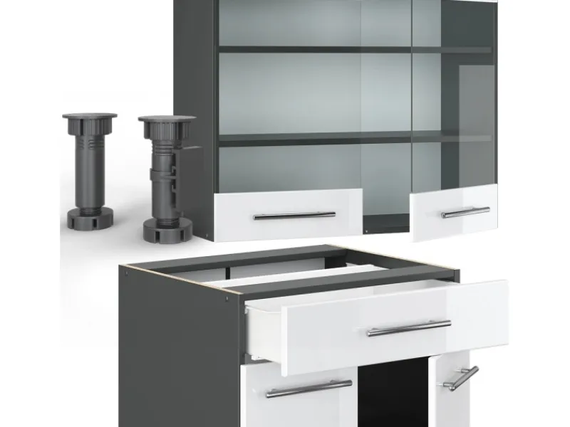 Outlet Vicco Fame-Line Singleküche /Anthrazit 140 cm AP Marmor ohne E-Geräte Weiß Hochglanz