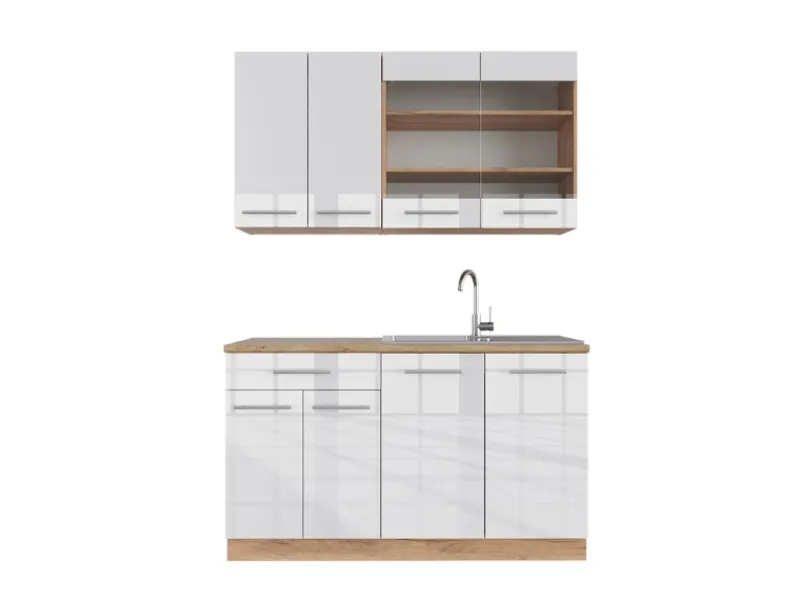 Vicco Fame-Line Singleküche Weiß Hochglanz/Goldkraft Eiche 140 cm AP Eiche ohne E-Geräte< Single-Küchen