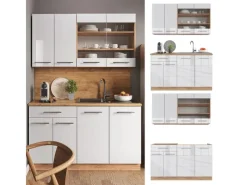 Vicco Fame-Line Singleküche Weiß Hochglanz/Goldkraft Eiche 140 cm AP Eiche ohne E-Geräte< Single-Küchen