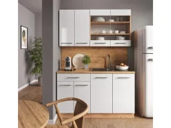Vicco Fame-Line Singleküche Weiß Hochglanz/Goldkraft Eiche 140 cm AP Eiche ohne E-Geräte< Single-Küchen