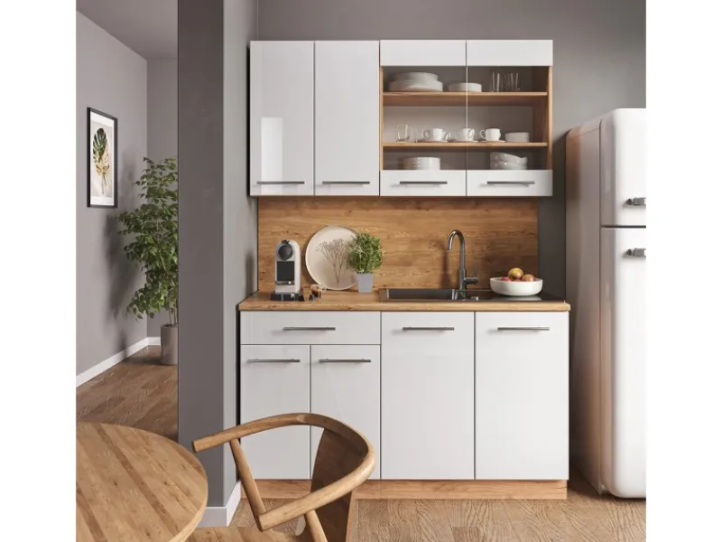 Vicco Fame-Line Singleküche Weiß Hochglanz/Goldkraft Eiche 140 cm AP Eiche ohne E-Geräte< Single-Küchen