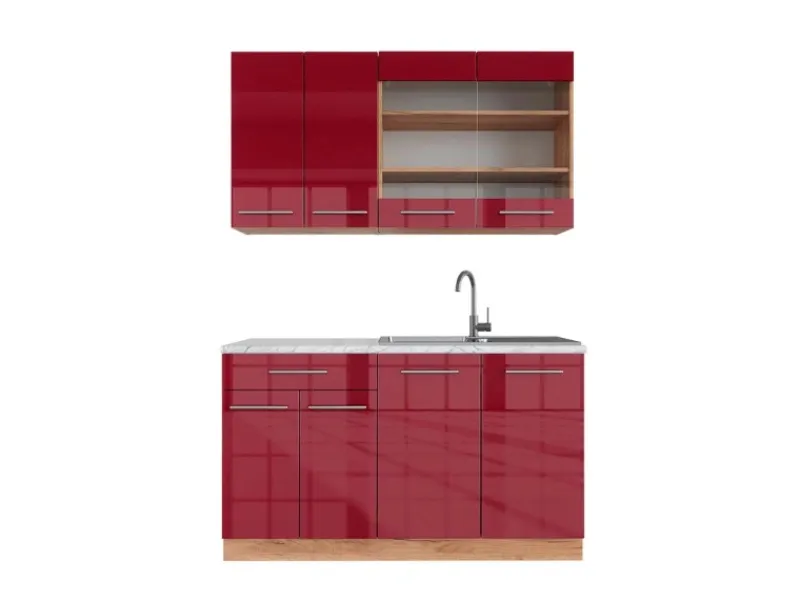 Vicco Fame-Line Singleküche Bordeaux Hochglanz/Goldkraft Eiche 140 cm AP Marmor ohne E-Geräte< Single-Küchen|Einbauküchen