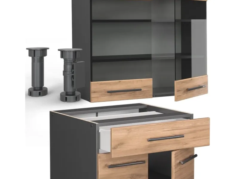 Vicco Fame-Line Singleküche Goldkraft Eiche/Anthrazit 140 cm AP Marmor ohne E-Geräte< Single-Küchen