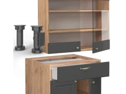 Single-Küchen<Vicco Fame-Line Singleküche Anthrazit Landhaus/Goldkraft Eiche 140 cm AP Eiche ohne E-Geräte
