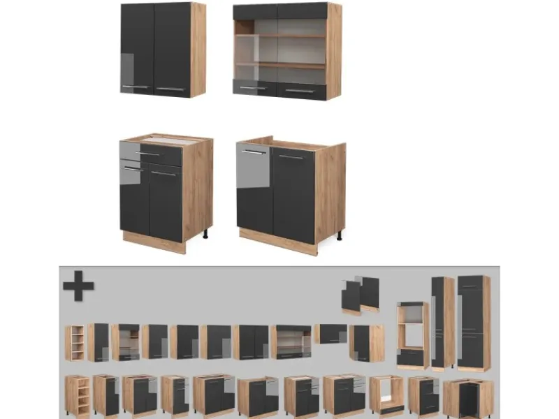 Clearance Vicco Fame-Line Singleküche /Goldkraft Eiche 140 cm ohne Arbeitsplatte ohne E-Geräte Anthrazit Hochglanz