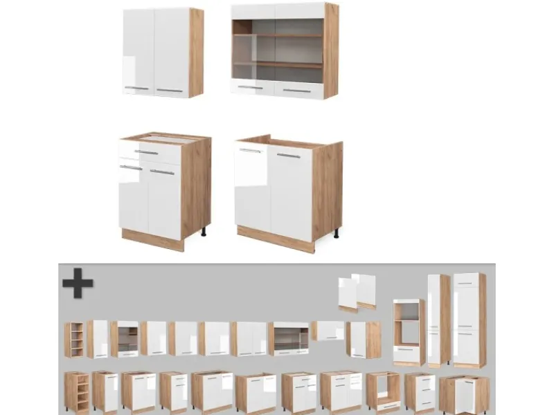 Outlet Vicco Fame-Line Singleküche Weiß Hochglanz/Goldkraft Eiche 140 cm ohne Arbeitsplatte ohne E-Geräte Hochglanz Weiß