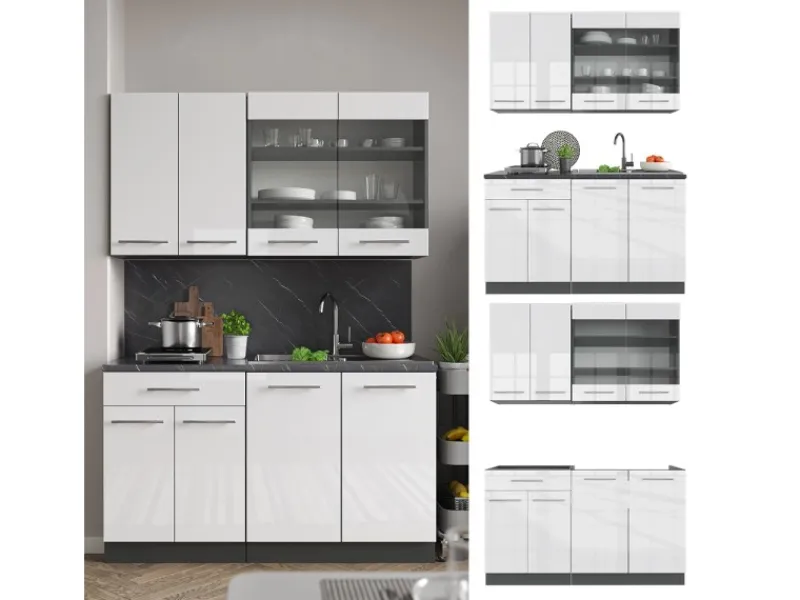New Vicco Fame-Line Singleküche /Anthrazit 140 cm AP Eiche ohne E-Geräte Weiß Hochglanz