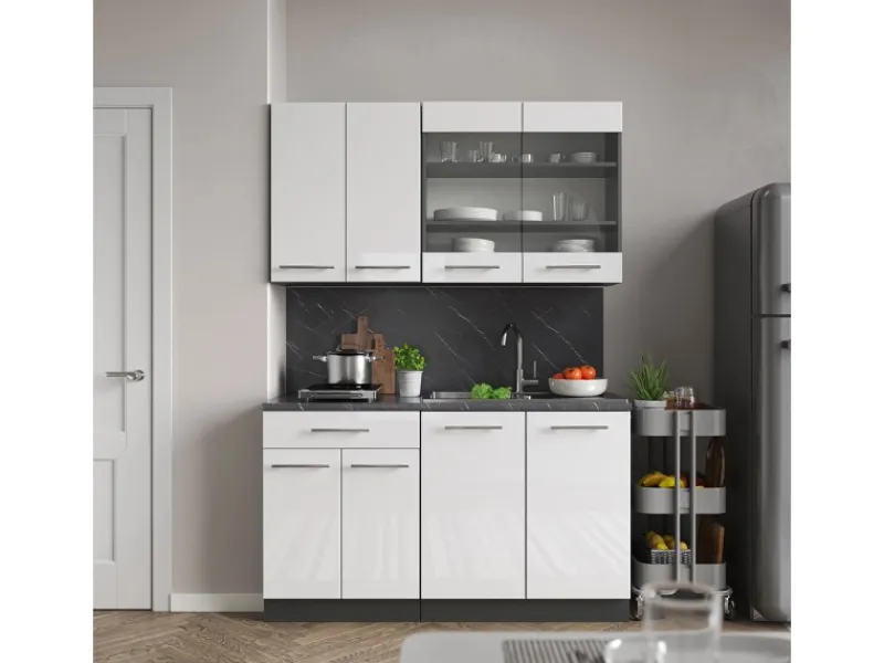 New Vicco Fame-Line Singleküche /Anthrazit 140 cm AP Eiche ohne E-Geräte Weiß Hochglanz