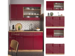 Vicco Fame-Line Singleküche Bordeaux Hochglanz/Goldkraft Eiche 140 cm AP Eiche ohne E-Geräte< Single-Küchen|Einbauküchen