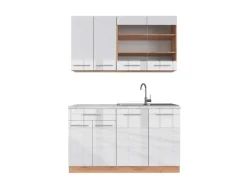 Vicco Fame-Line Singleküche Weiß Hochglanz/Goldkraft Eiche 140 cm AP Marmor ohne E-Geräte< Single-Küchen|Einbauküchen